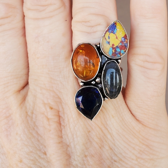 New Mosaic Jasper, Amber, Blue Topaz 925 Silver Ring. - Picture 4 of 7